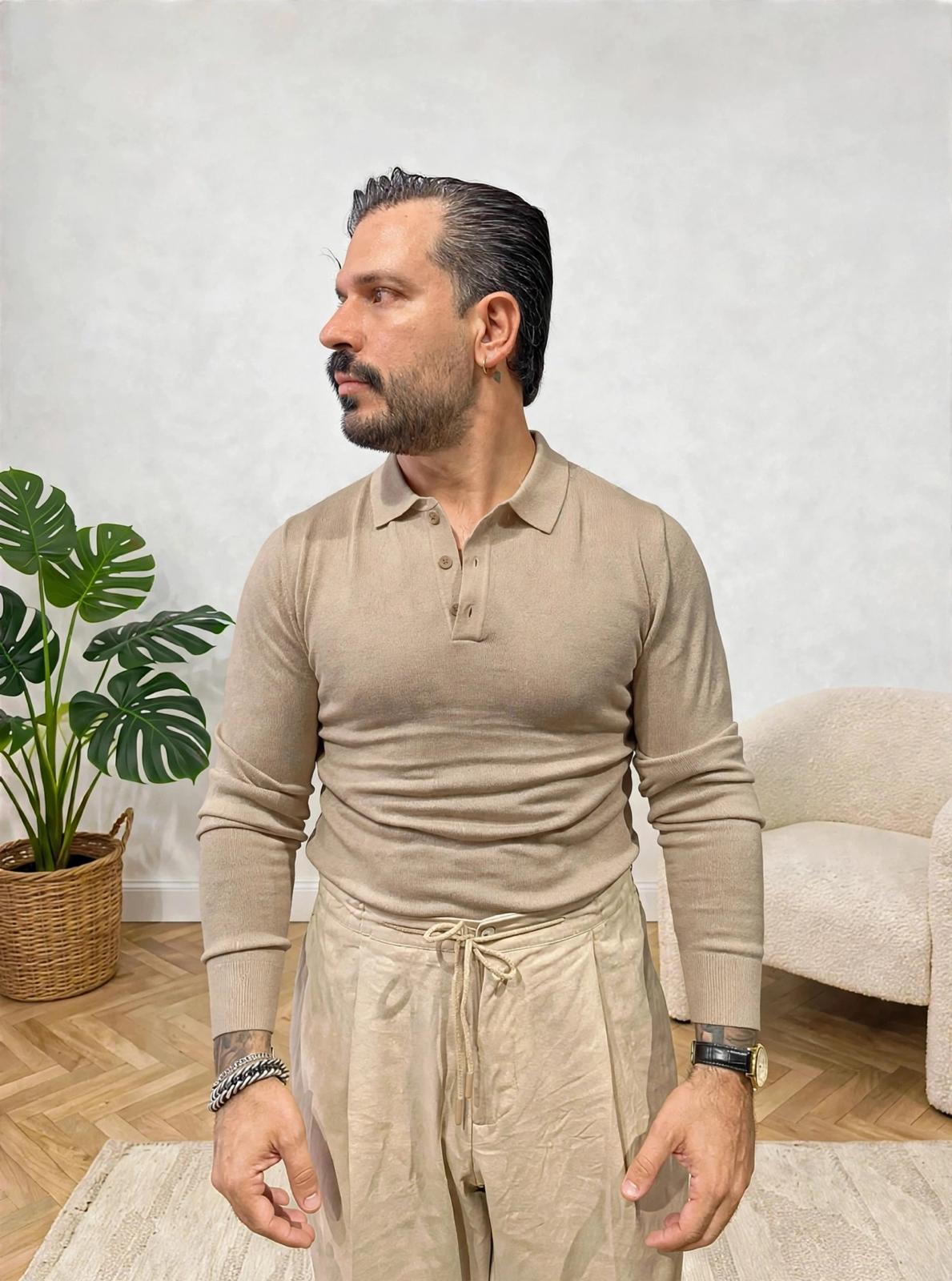 POLO IN FILO MANICA LUNGA BEIGE