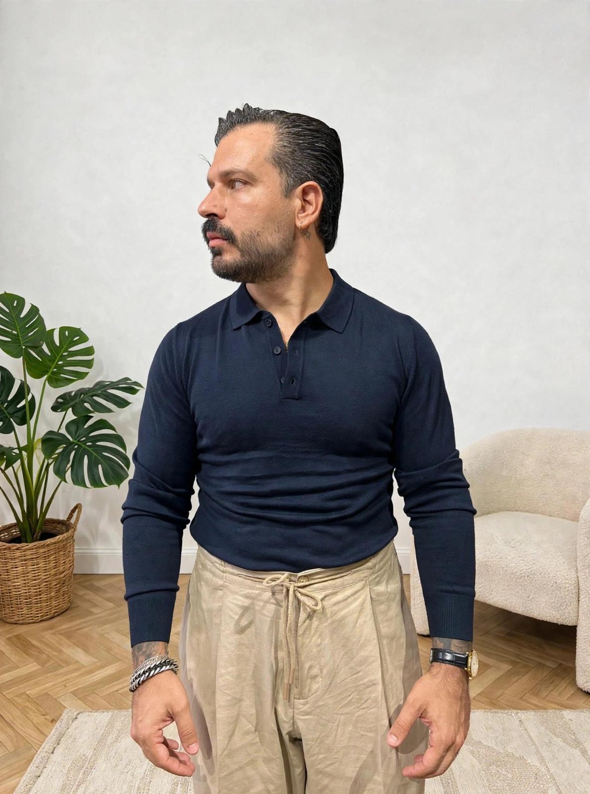 POLO IN FILO MANICA LUNGA BLU NAVY