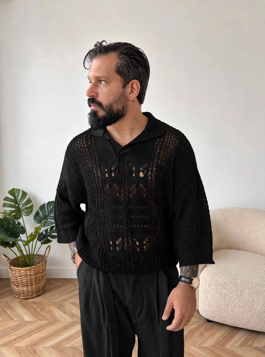 POLO IN FILO TRAFORATA NERA