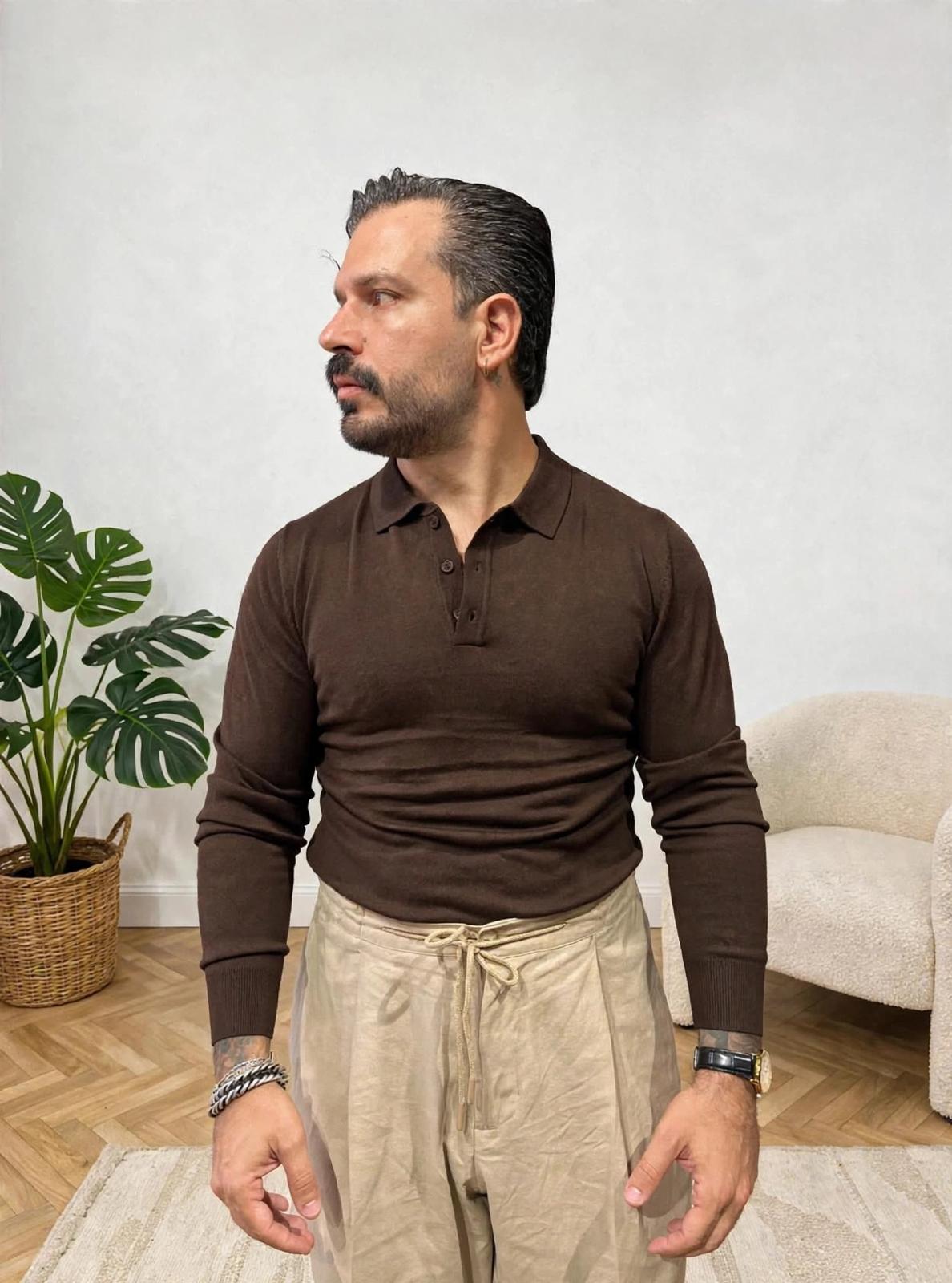 POLO IN FILO MANICA LUNGA MARRONE