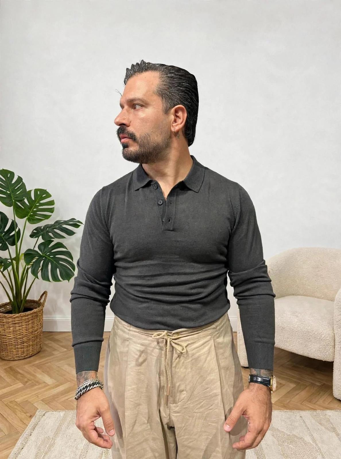 POLO IN FILO MANICA LUNGA GRIGIA