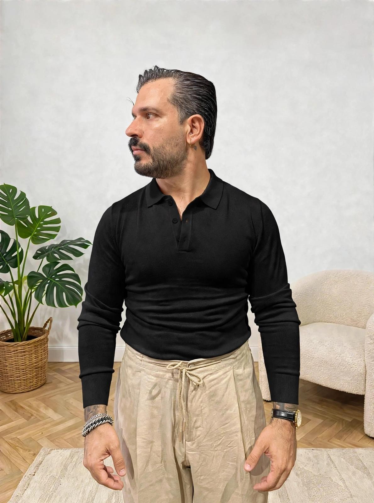 POLO IN FILO MANICA LUNGA NERA