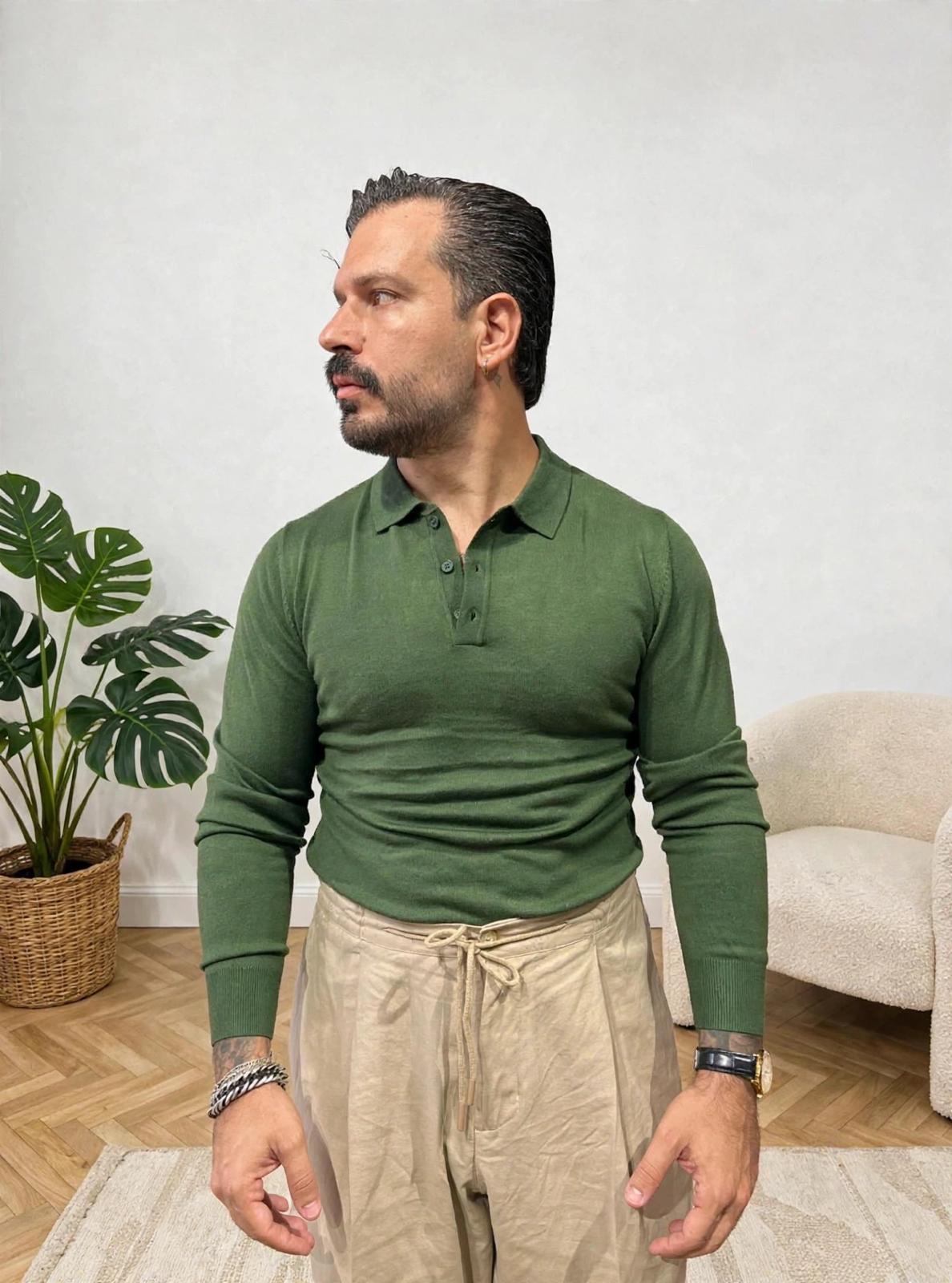 POLO IN FILO MANICA LUNGA VERDE