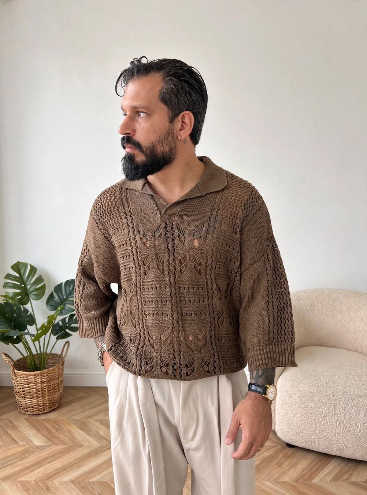 POLO IN FILO TRAFORATA MARRONE
