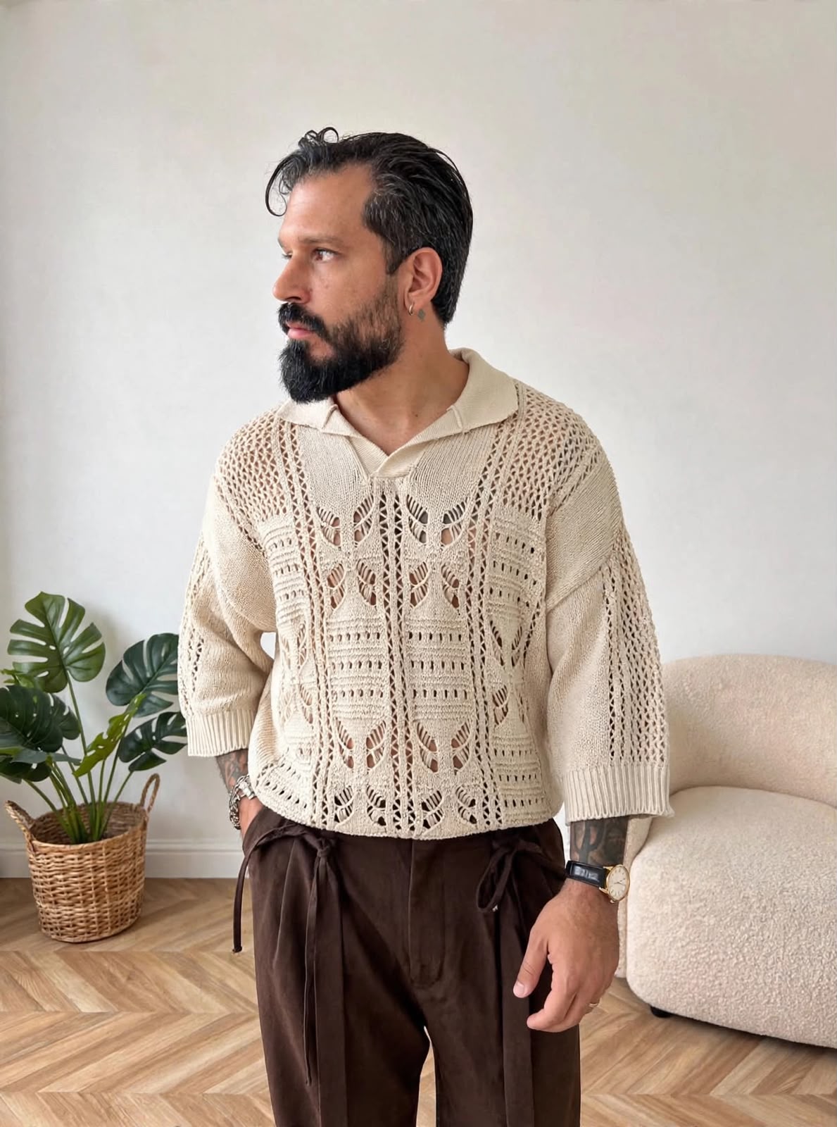 POLO IN FILO TRAFORATA BEIGE